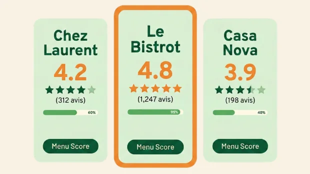 Comparaison des notes clients et du score de carte de trois restaurants concurrents
