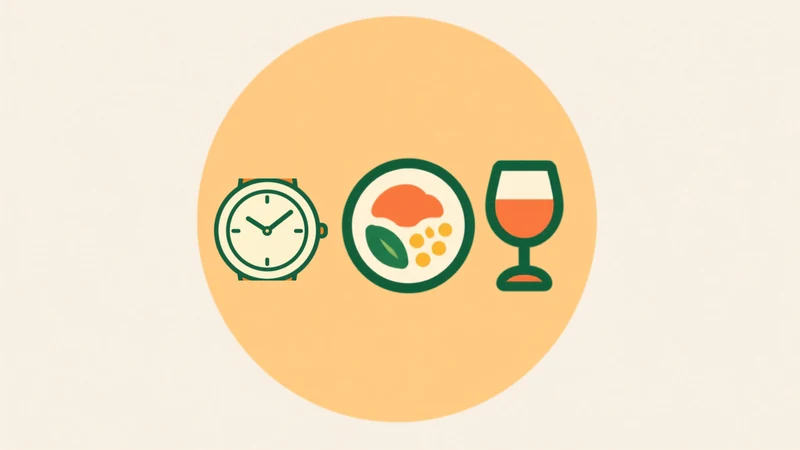 Une montre, une assiette et un verre de vin côte à côte.