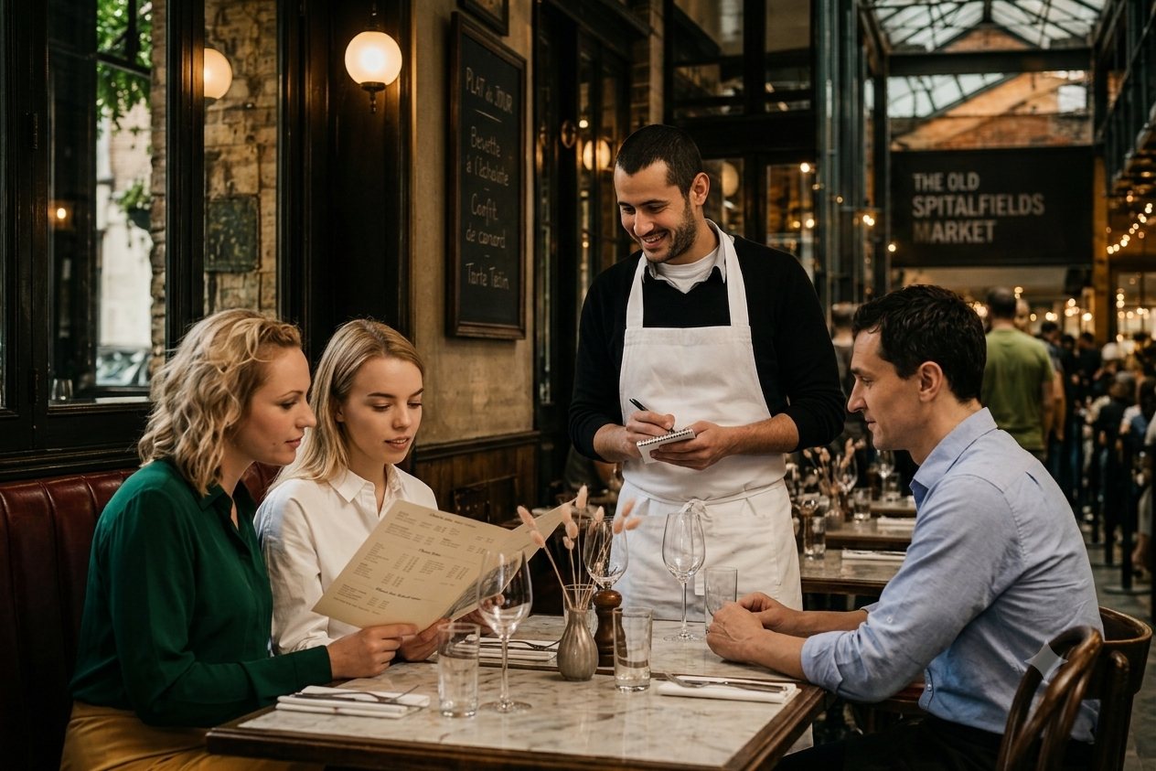 Des clients lisent la carte pendant que le serveur prend la commande