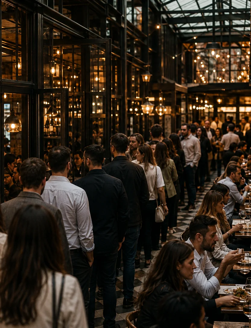 Une salle de restaurant londonienne bondée : une file de clients debout attend une table pendant que d’autres dînent au comptoir.