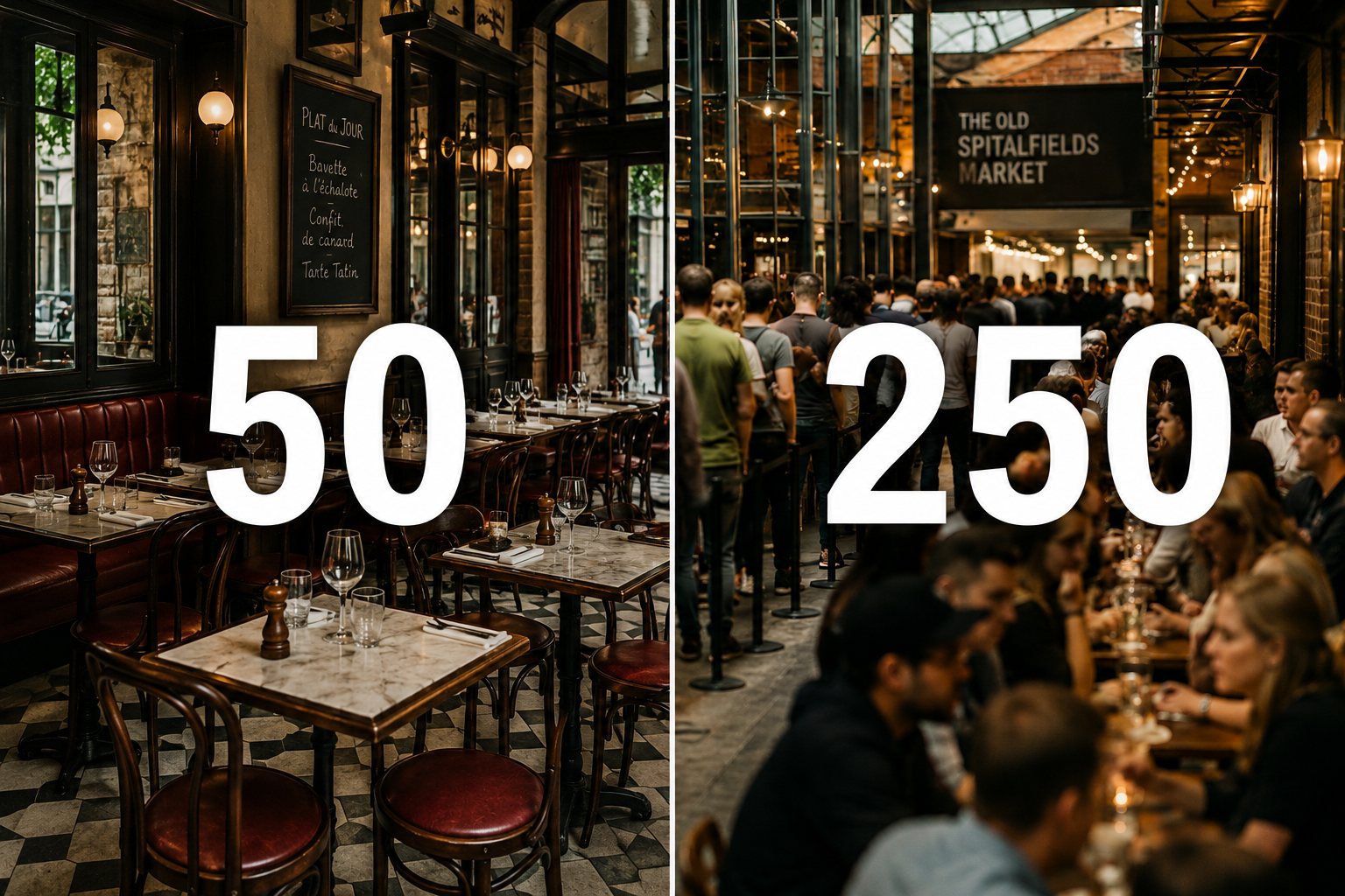 À gauche, la salle de 50 couverts aux tables vides. À droite, la brasserie de 250 places et sa file d'attente.